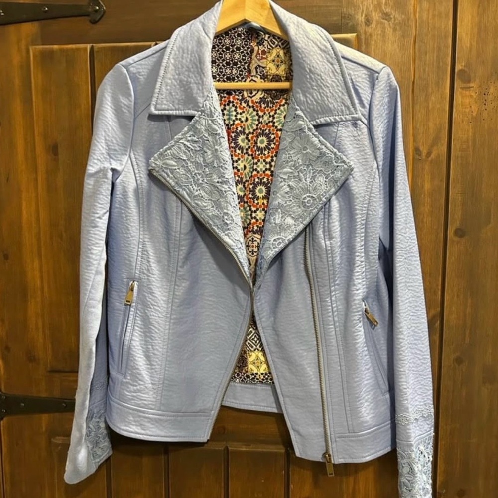 Desigual Blue Faux Leather Jacket Lace Trim Moto Floral Lined Boho Size 40.